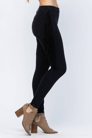 Judy Blue - Calça jeans skinny jegging com franjas laterais e cintura alta