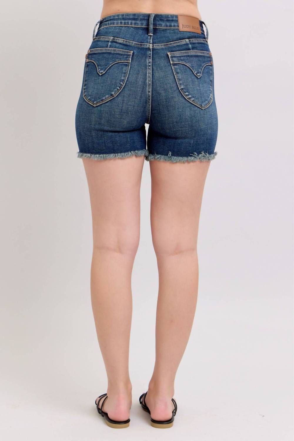 Judy Blue - High Waist Tummy Control Fray Hem & Shield Back Pockets Denim Short