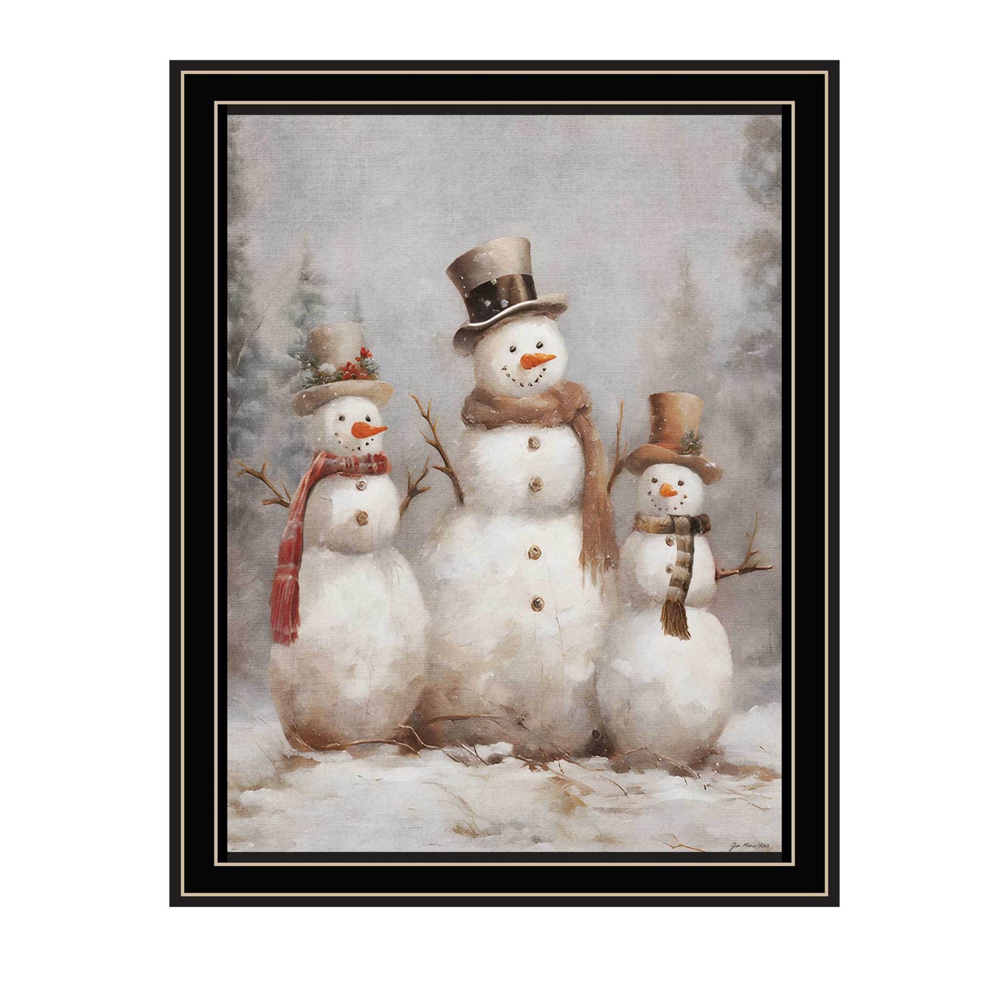 Three Snowman Pals Black Framed Christmas Wall Art by Jo Moulton