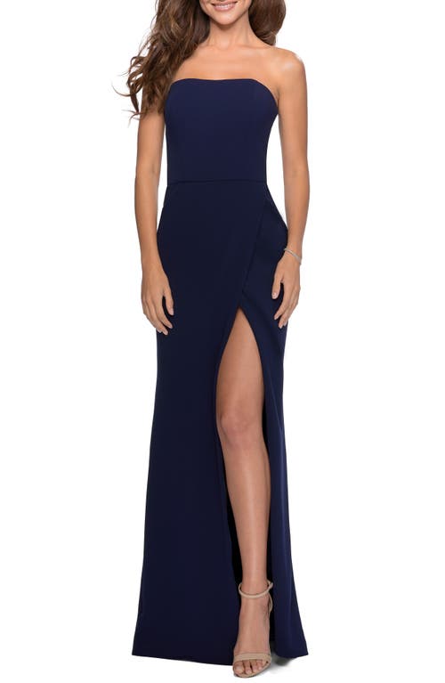 La Femme Strapless Double Cross Back Gown - Navy