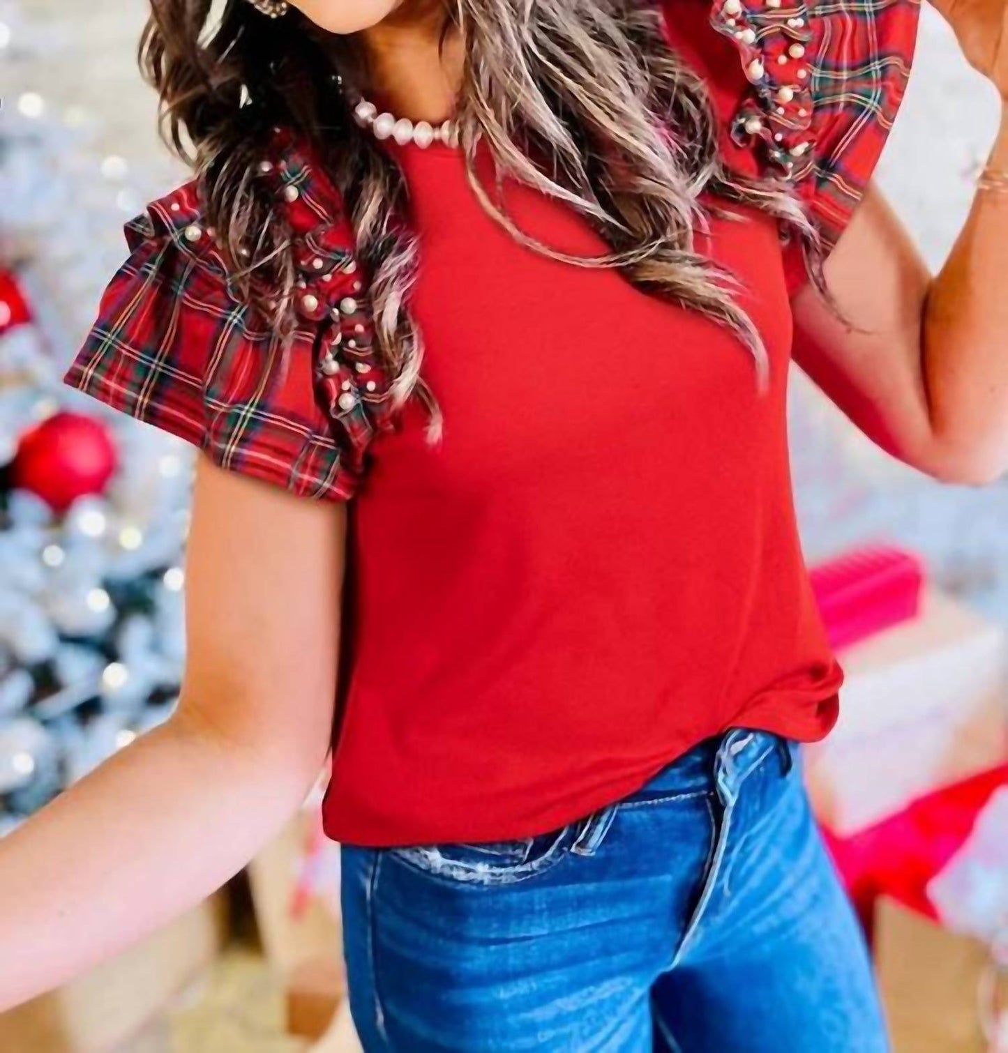 1 The Woman - Plaid Pearl Ruffle Sleeve Top