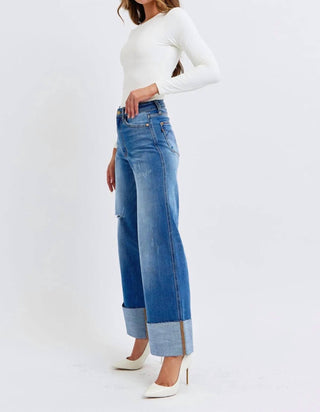Judy Blue - Calça jeans retrô de perna larga com punho