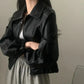 Black Faux Leather Bomber Jacket with Contrast Stitching