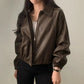 Black Faux Leather Bomber Jacket with Contrast Stitching