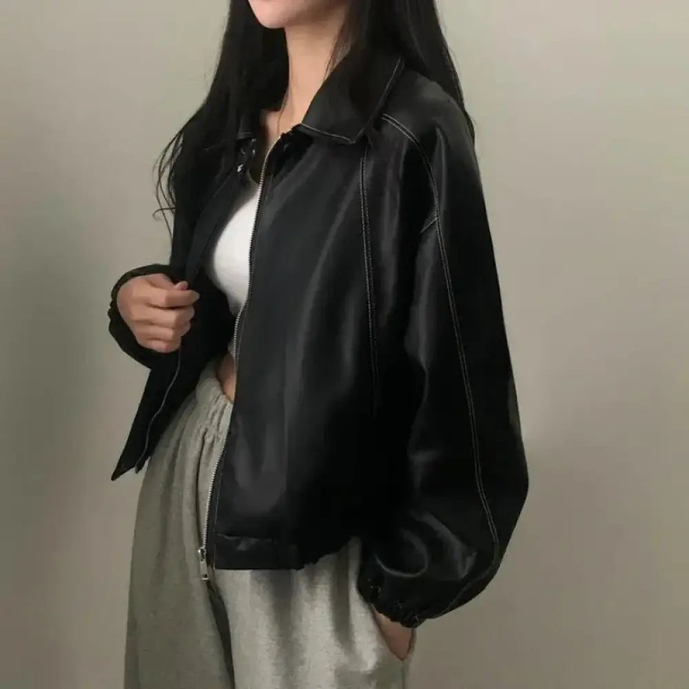 Black Faux Leather Bomber Jacket with Contrast Stitching