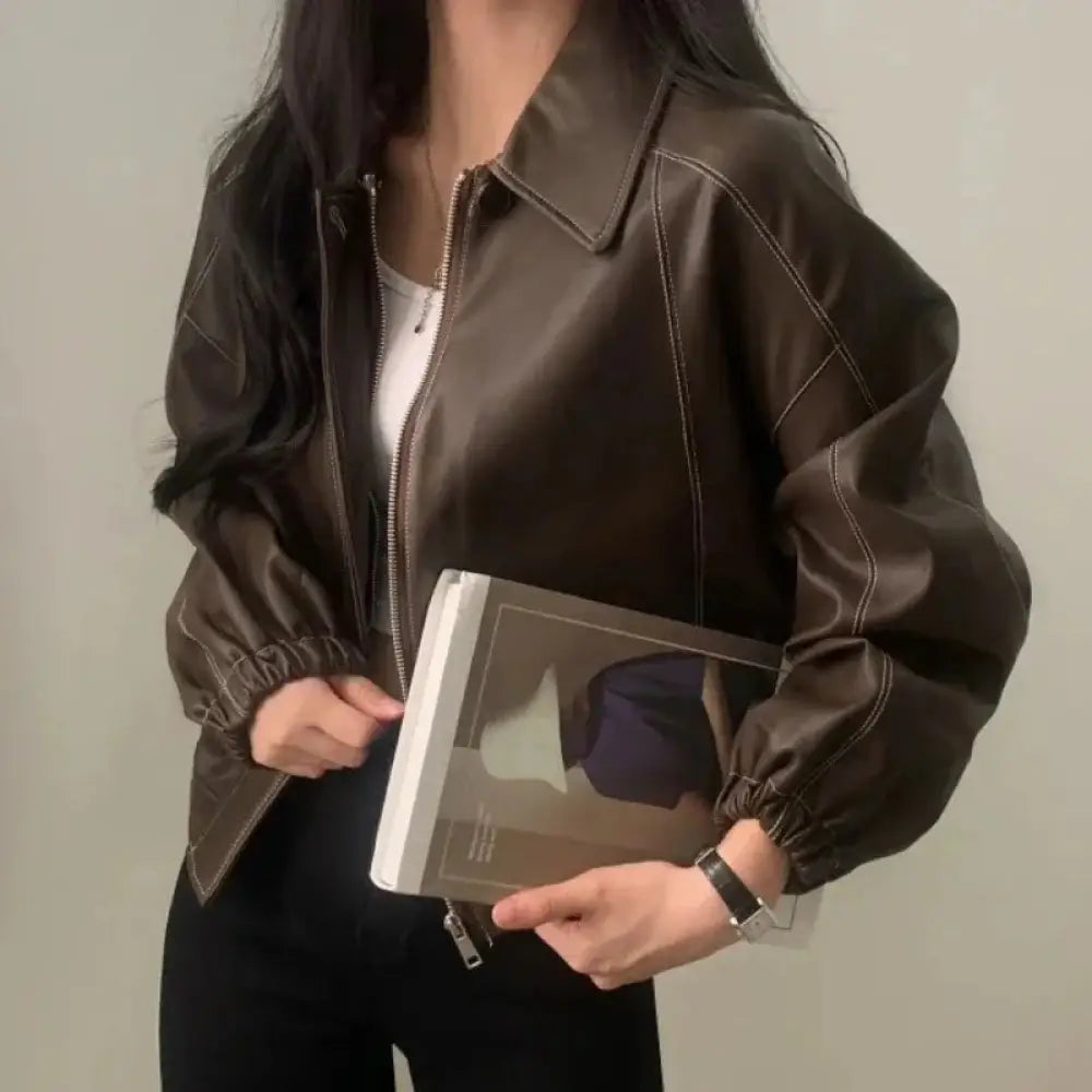 Black Faux Leather Bomber Jacket with Contrast Stitching