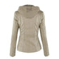 Women's Hooded Faux Leather Jacket with Detachable Hood