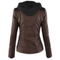Women's Hooded Faux Leather Jacket with Detachable Hood