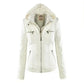 Women's Hooded Faux Leather Jacket with Detachable Hood
