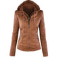 Women's Hooded Faux Leather Jacket with Detachable Hood