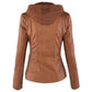 Women's Hooded Faux Leather Jacket with Detachable Hood