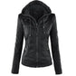 Women's Hooded Faux Leather Jacket with Detachable Hood
