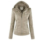 Women's Hooded Faux Leather Jacket with Detachable Hood
