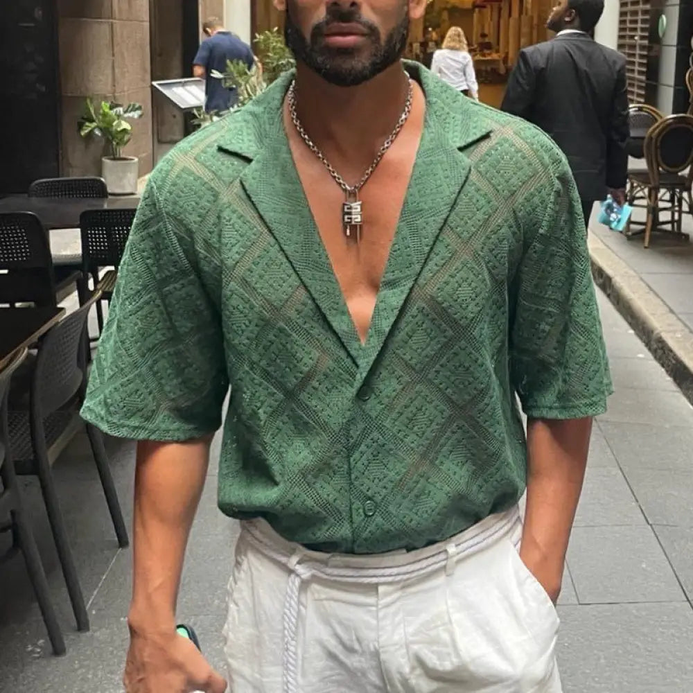 Men's Breathable Diamond Textured Hollow Lapel Shirt