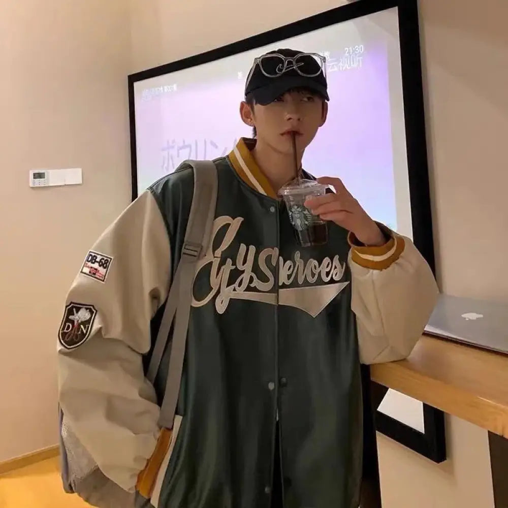 Men's Embroidered Pu Leather Baseball Bomber Jacket