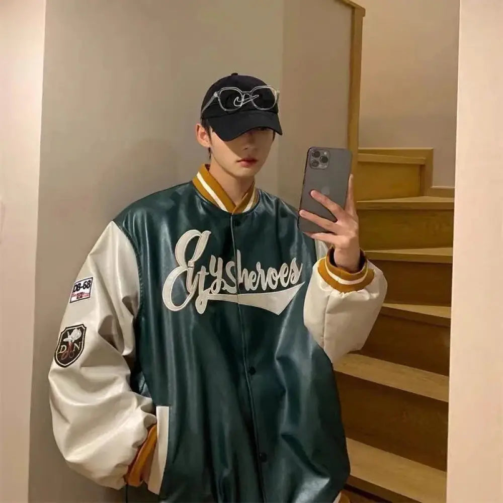 Men's Embroidered Pu Leather Baseball Bomber Jacket