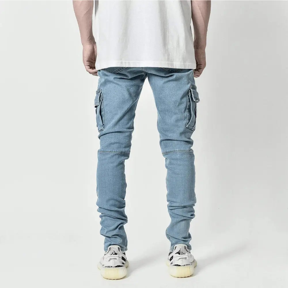 Slim Fit Distressed Denim Multi Pocket Cargo Jeans