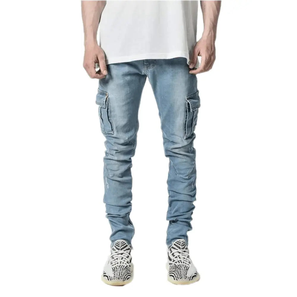 Slim Fit Distressed Denim Multi Pocket Cargo Jeans