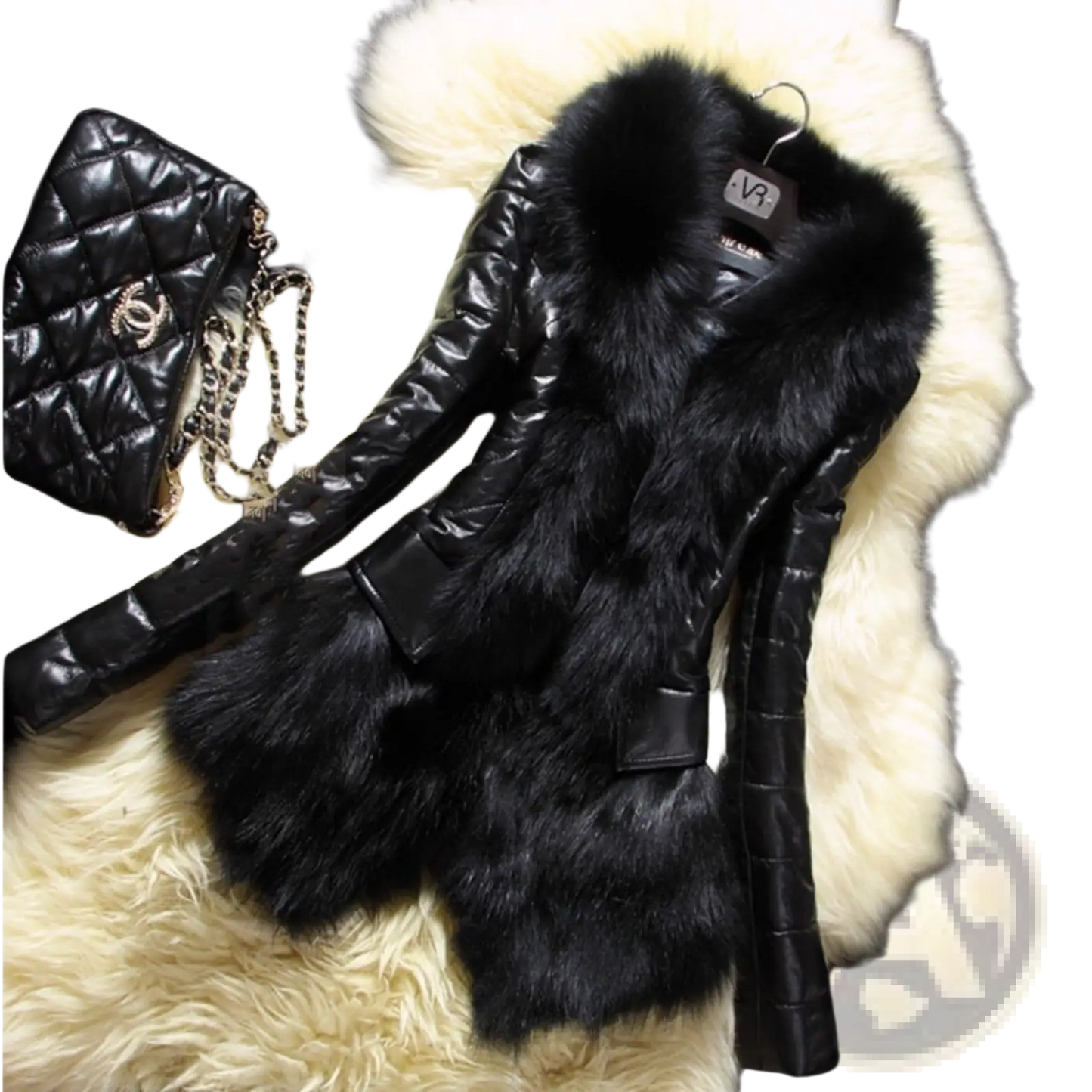 Faux Fur Collar Quilted Leather Jacket