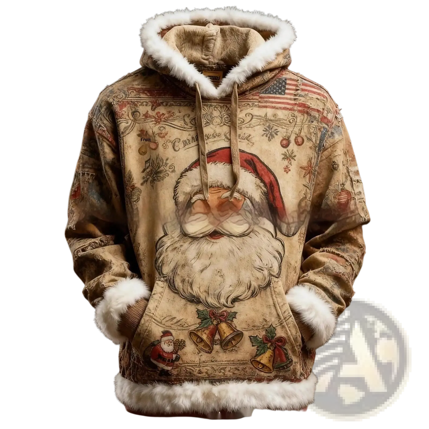 Faux Fur Trim Santa Claus Hoodie with American Flag Print