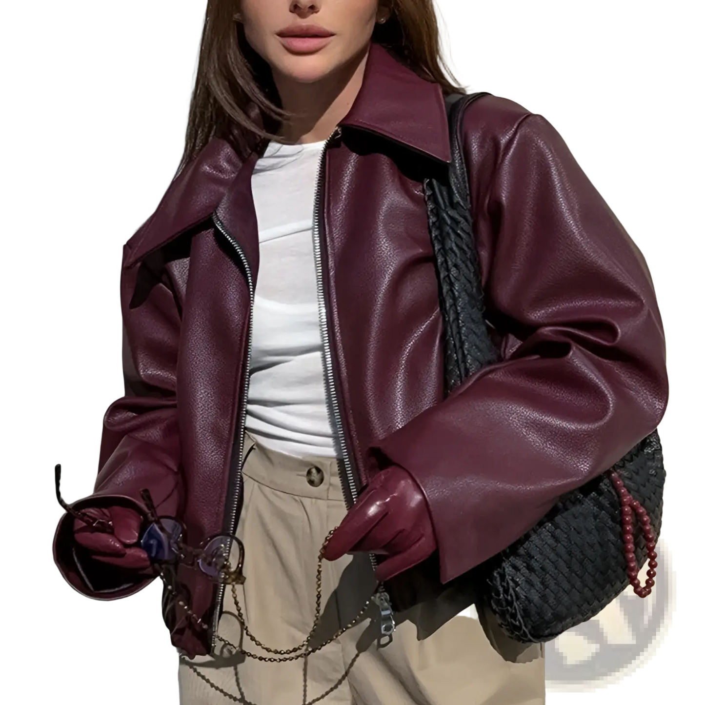 Faux Leather Bomber Jacket Loose Fit Cropped Moto Coat