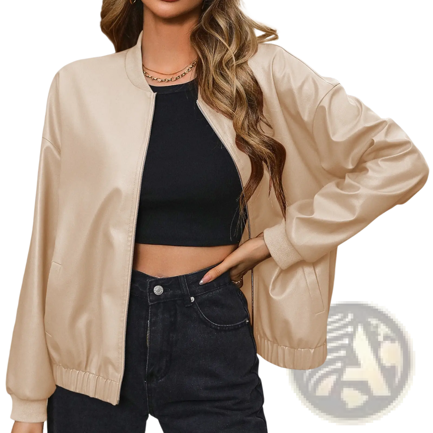 Faux Leather Bomber Jacket with Ribbed Cuffs