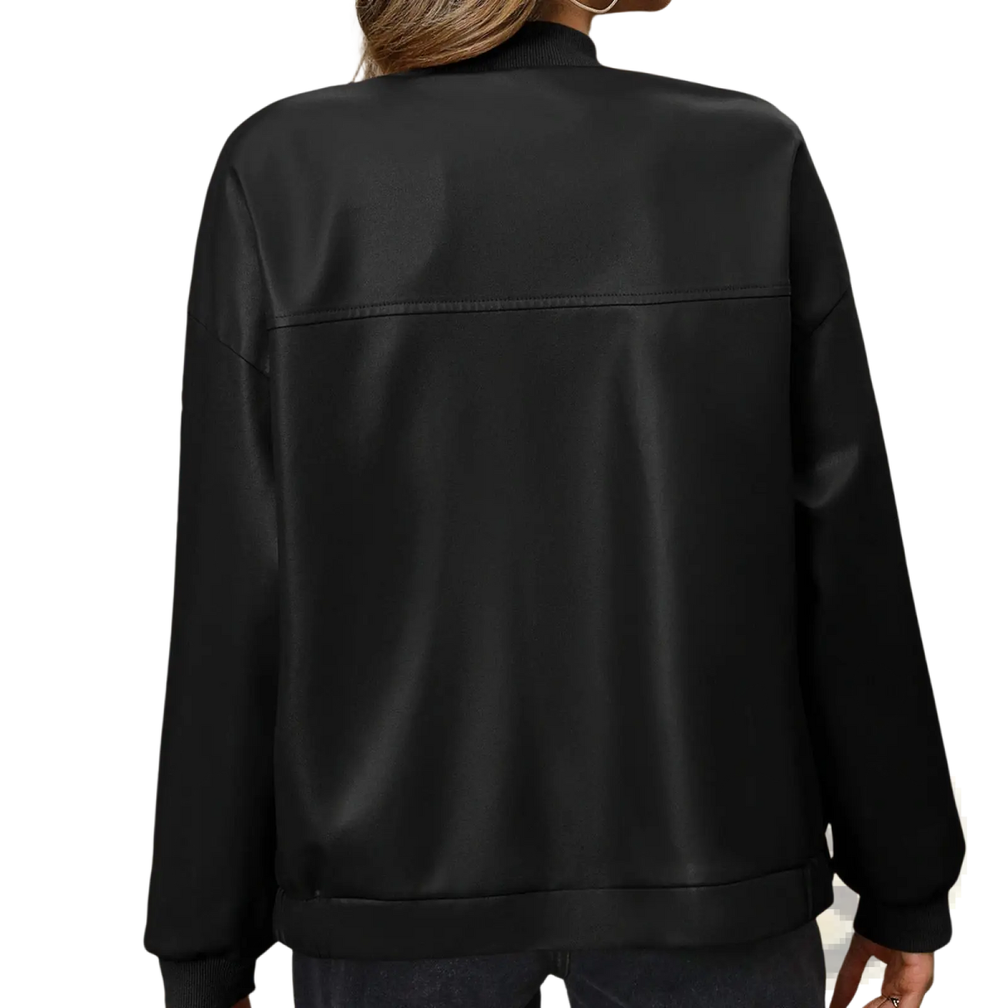 Faux Leather Bomber Jacket with Ribbed Cuffs