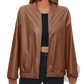 Faux Leather Bomber Jacket with Ribbed Cuffs