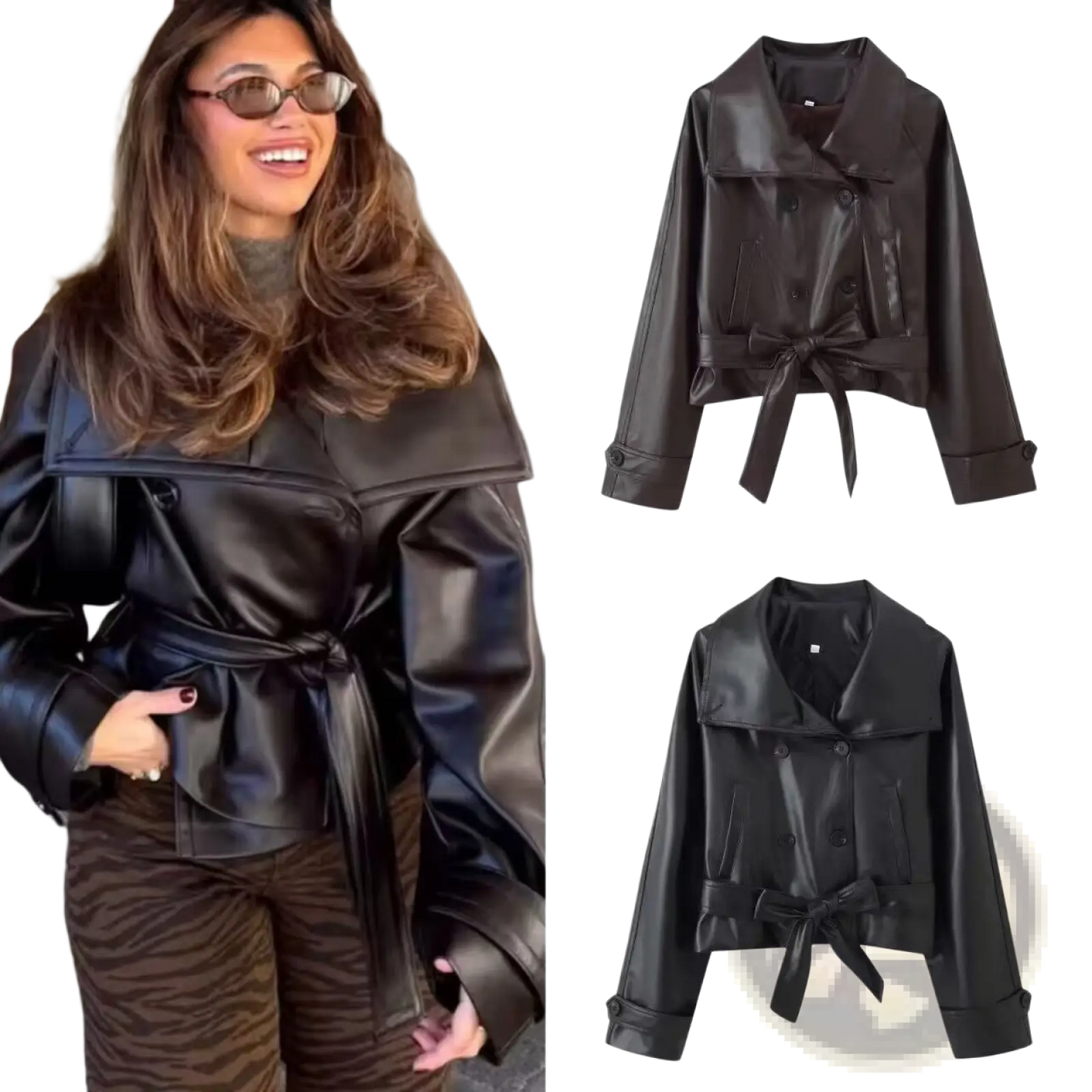 Faux Leather Double Breasted Belted Trench Coat