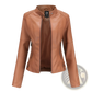 Faux Leather Moto Jacket Slim Fit Stand Collar Coat