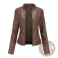Faux Leather Moto Jacket Slim Fit Stand Collar