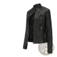 Faux Leather Moto Jacket Slim Fit Stand Collar