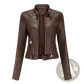 Faux Leather Moto Jacket with Stand-up Collar