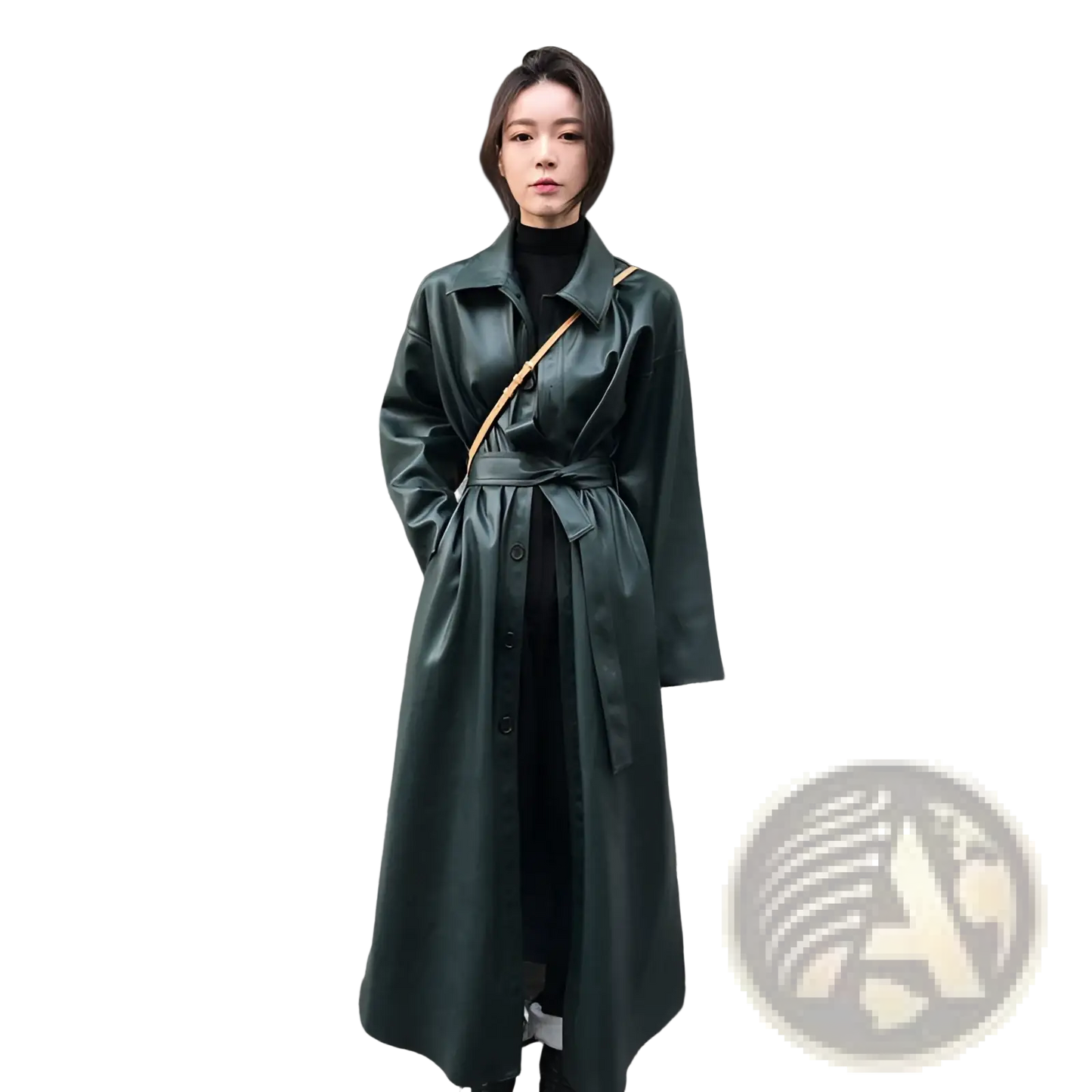 Faux Leather Trench Coat Belted Long Windbreaker Jacket