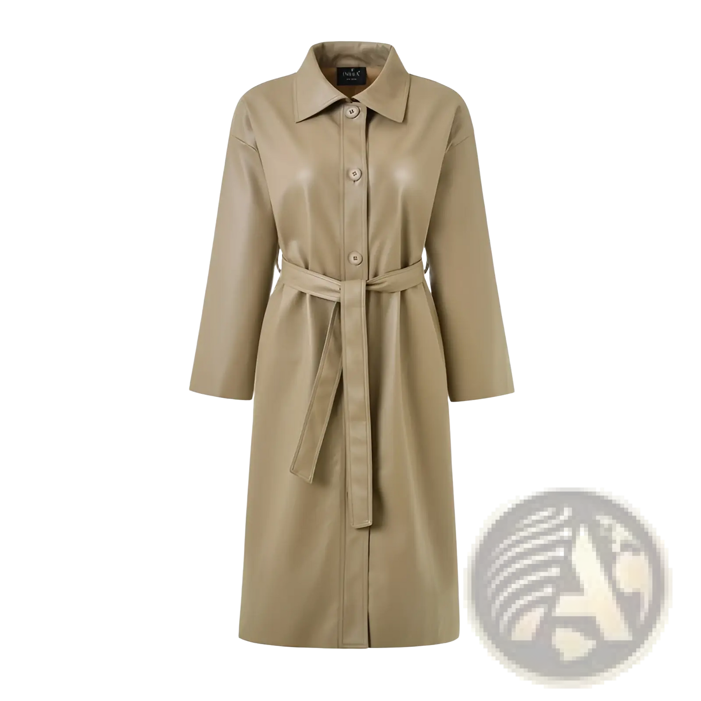 Faux Leather Trench Coat Belted Long Windbreaker Jacket