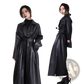 Faux Leather Trench Coat Belted Long Windbreaker Jacket