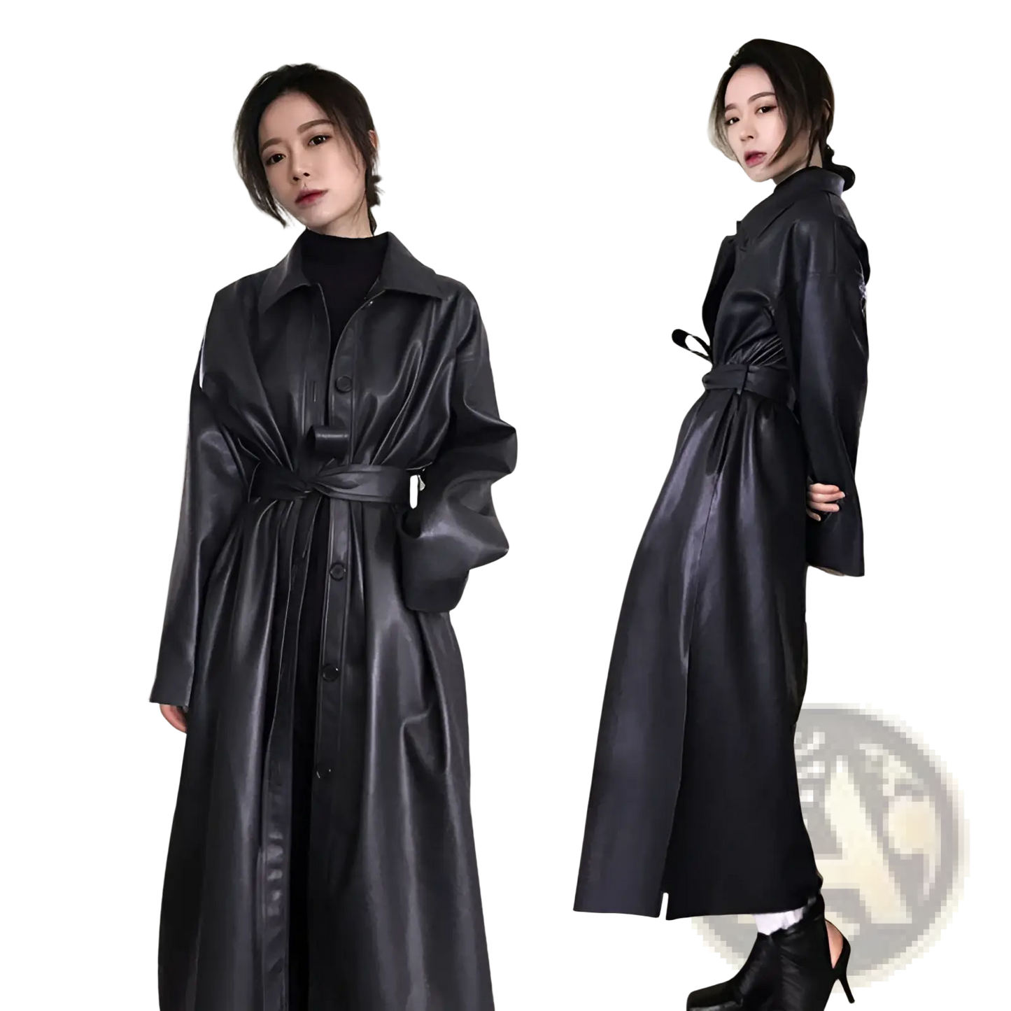 Faux Leather Trench Coat Belted Long Windbreaker Jacket