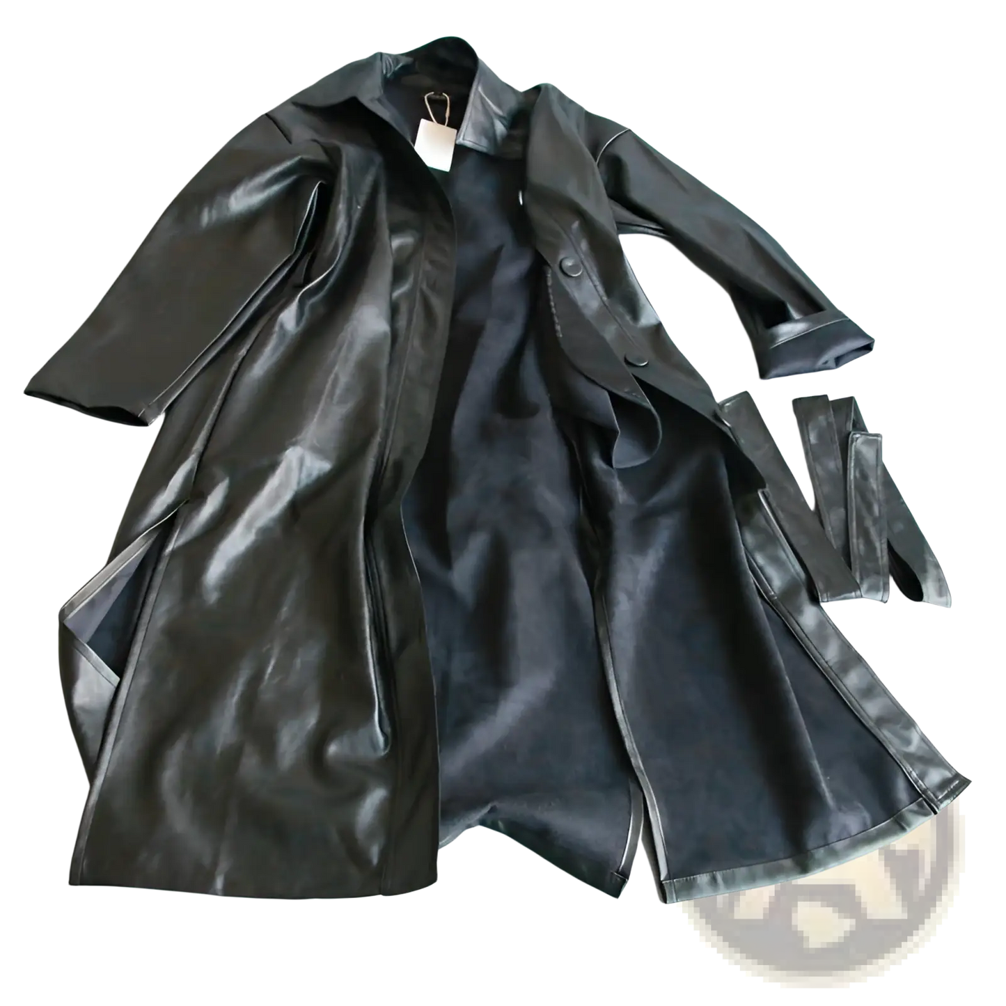 Faux Leather Trench Coat Belted Long Windbreaker Jacket