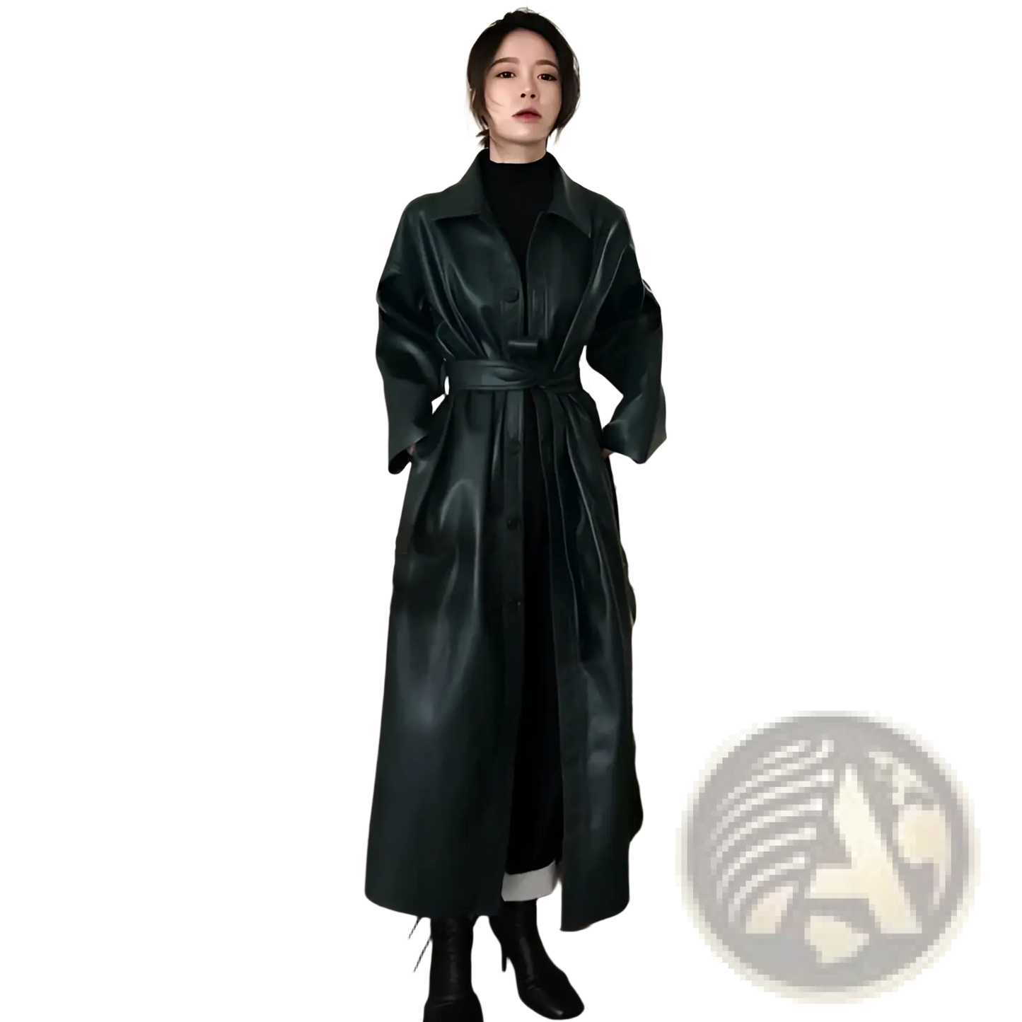 Faux Leather Trench Coat Belted Long Windbreaker Jacket