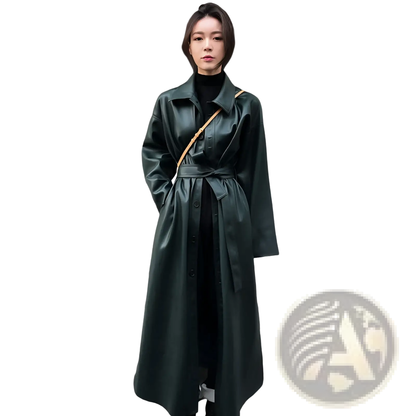 Faux Leather Trench Coat Belted Long Windbreaker Jacket
