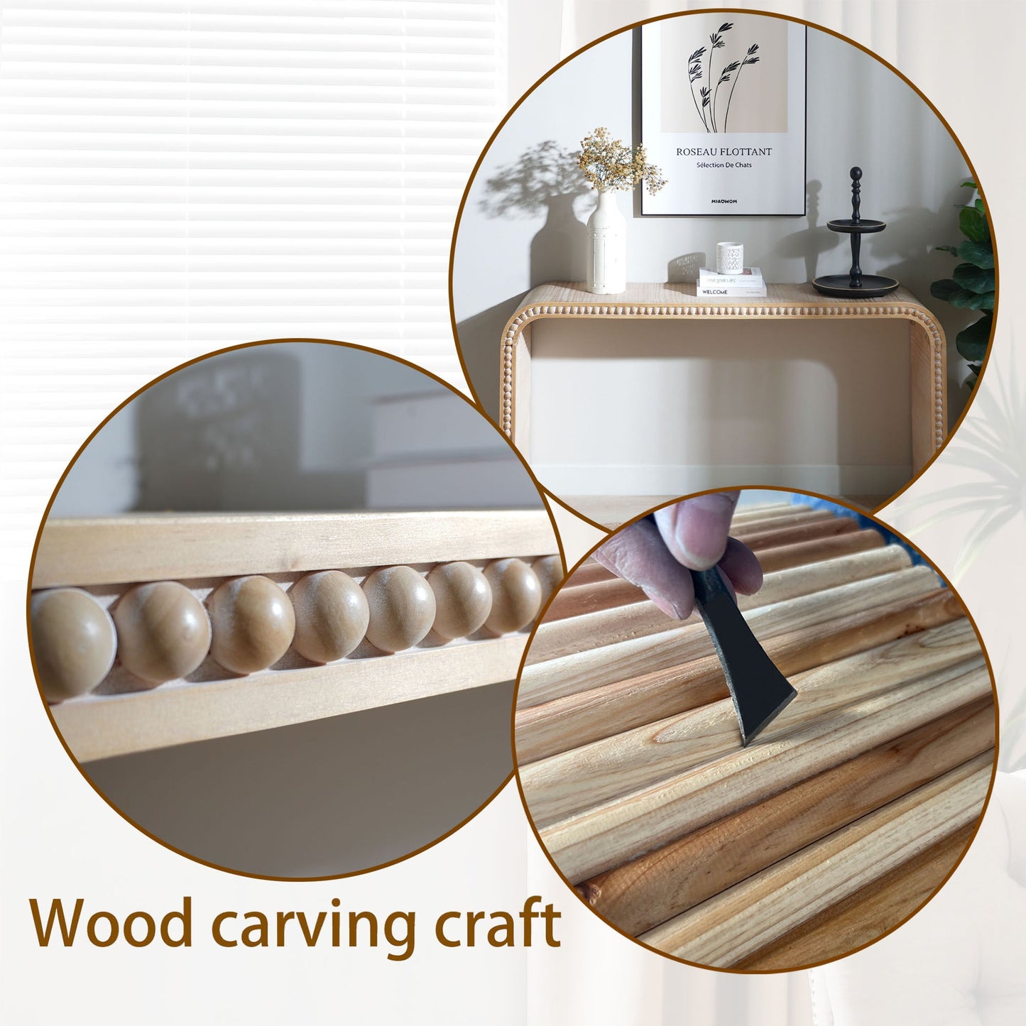 59in Console Table with Wood Beads and Curved Waterfall-Style Frame