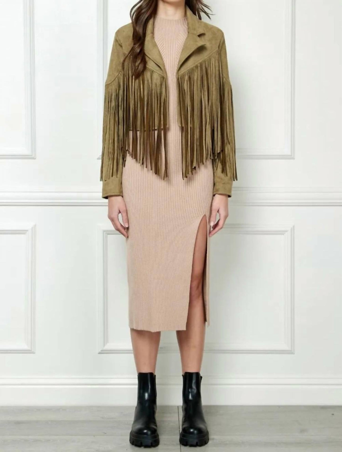 Trendsi - Veveret Suede Fringe Long Sleeve Moto Jacket