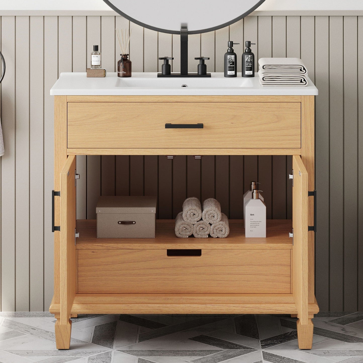 Bathroom Vanity With Ceramic Sink, Modern Free Standing Cabinet