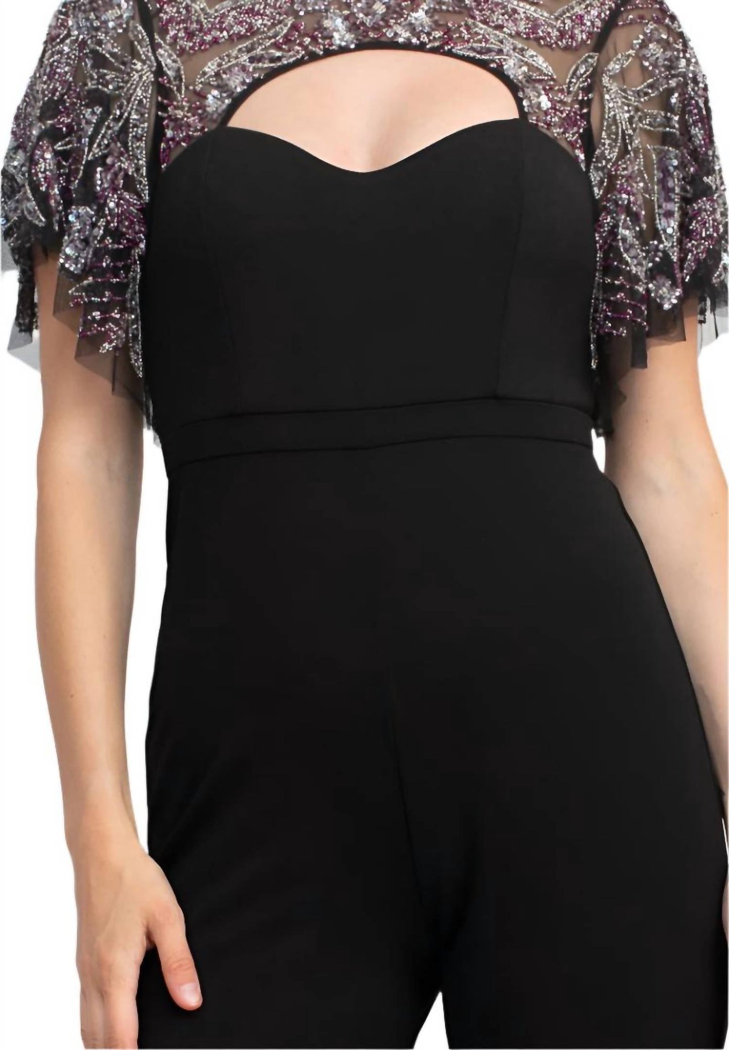 Aidan Mattox - Embellished Mesh Bodice Crepe Jumpsuit