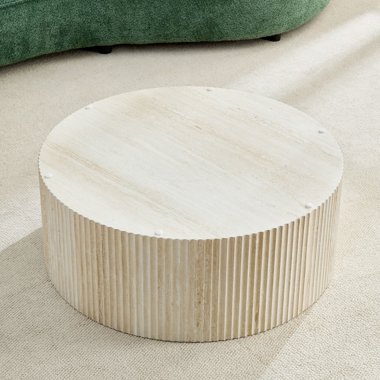 Faux Travertine Round Coffee Table with Eye-Catching Relief Design