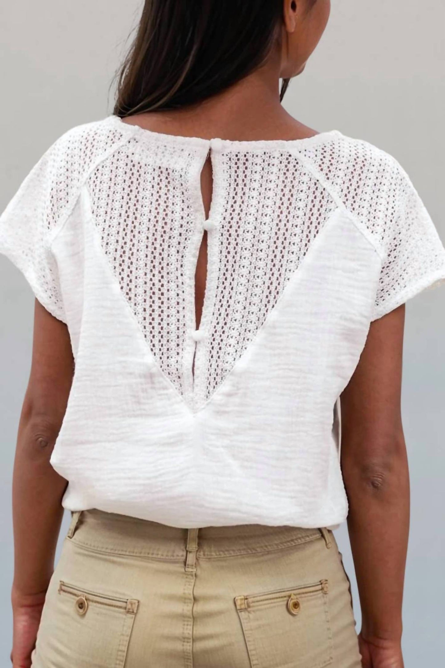 Aapparella - Lace Crochet Textured Button Back V-neck T Shirt