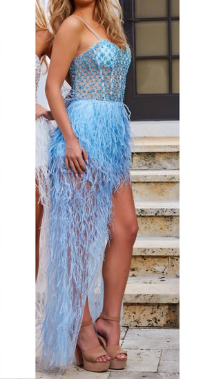 Jovani - Vestido Ilusão com Saia de Penas