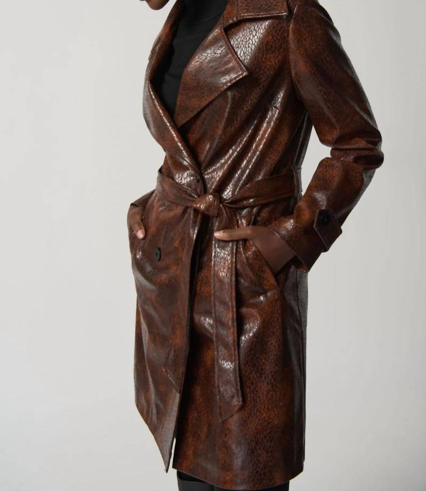 Joseph Ribkoff - Faux Leather Belted Double-breasted Coat