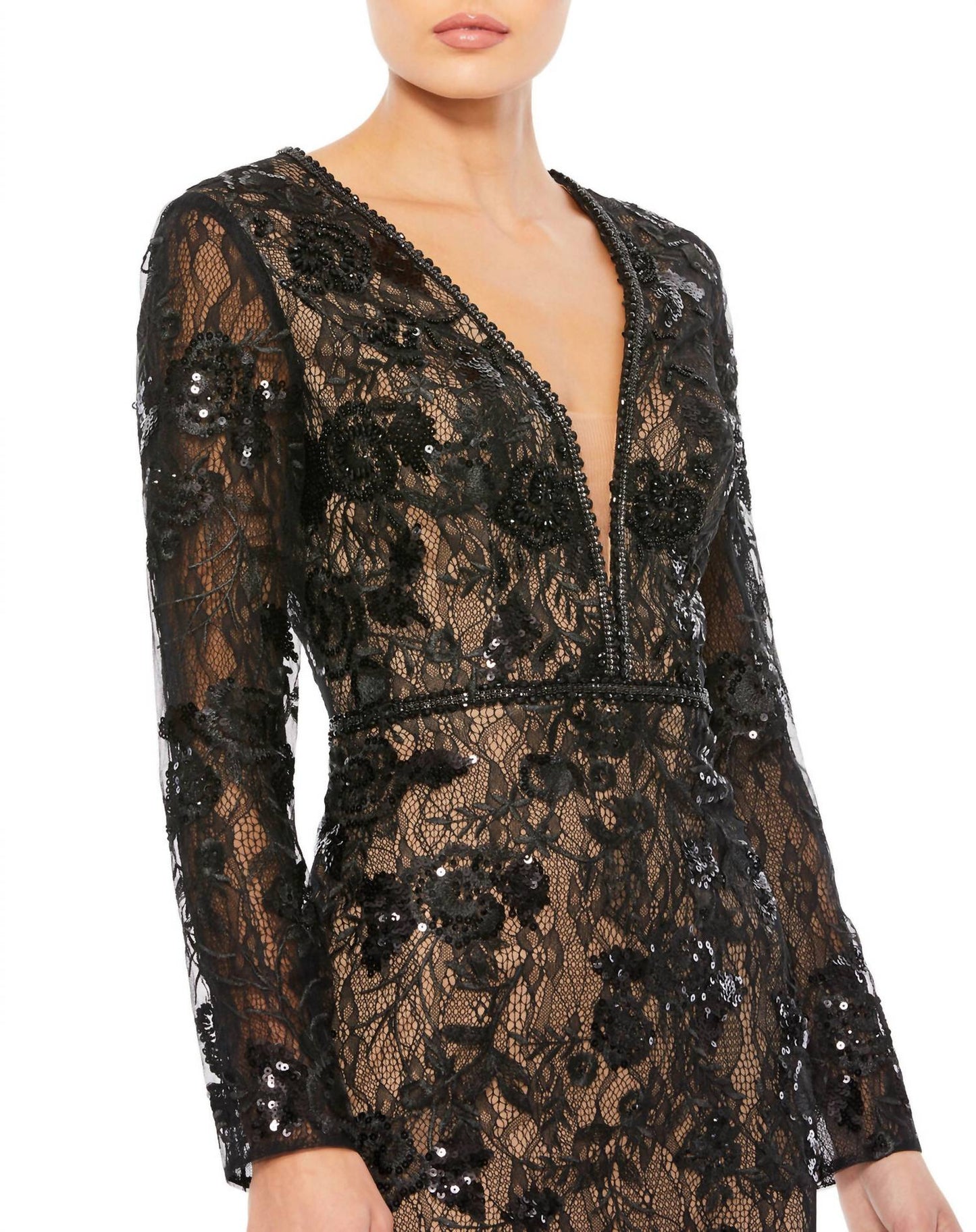 Mac Duggal - Long Sleeve Beaded Lace Dress