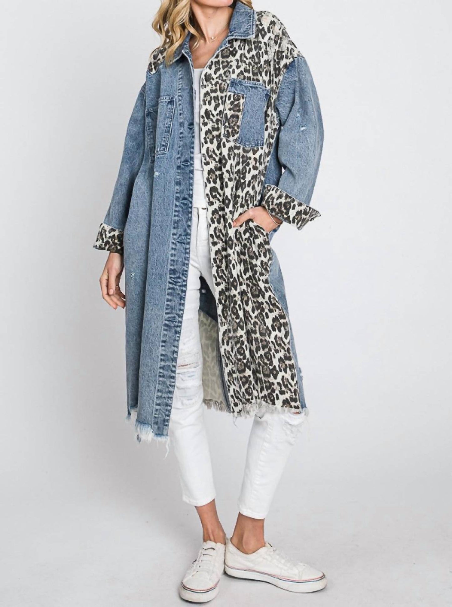 Oli & Hali - Long Color Block Leopard Denim Jacket
